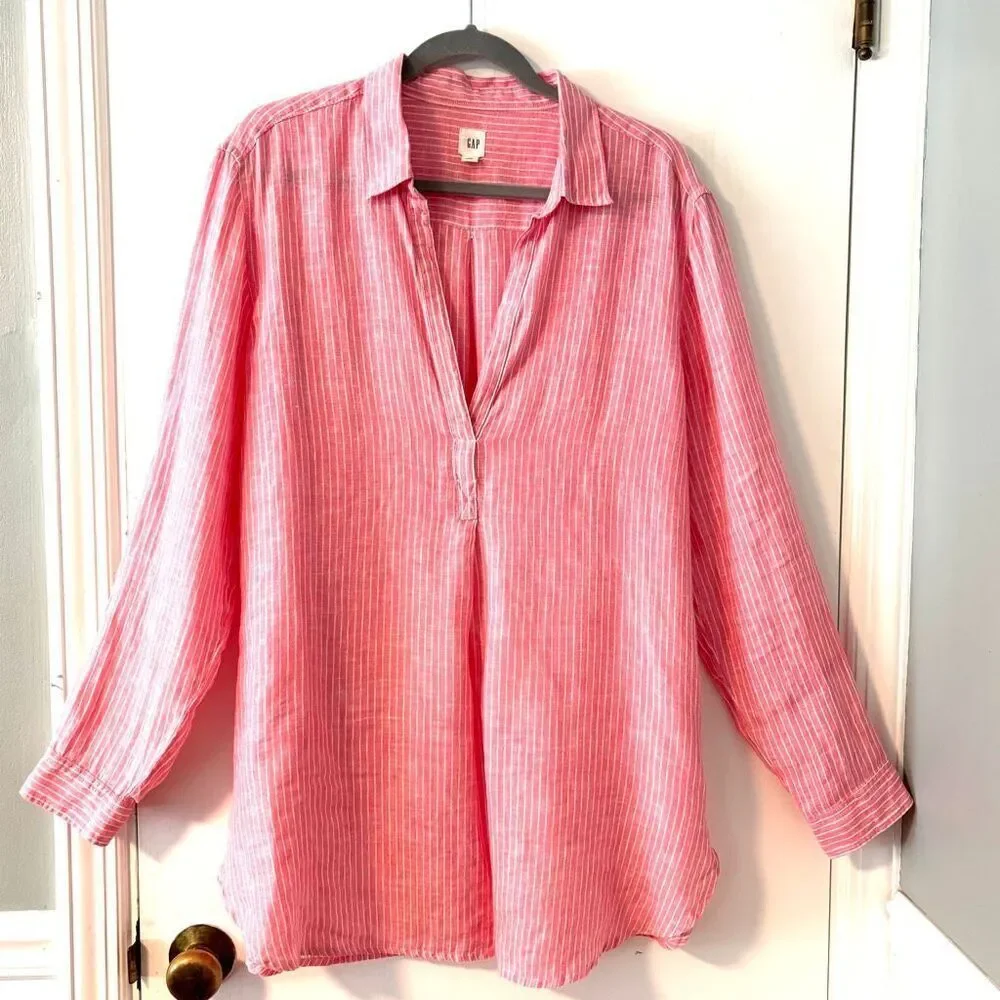 GAP XL linen pink & white stripe deep V collar shirttail tunic
